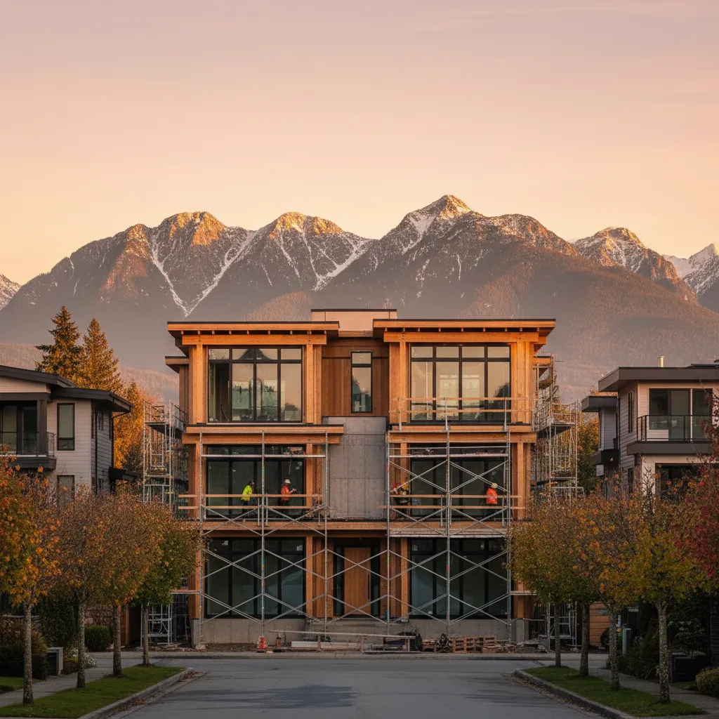Modern Vancouver multiplex under construction with West Coast architecture and mountain backdrop
