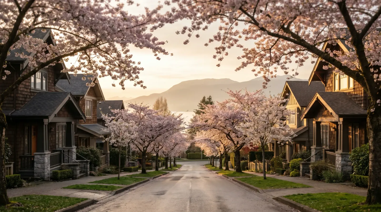 Tree-lined Vancouver west side residential street with cherry blossoms and craftsman detached homes, North Shore mountains in background