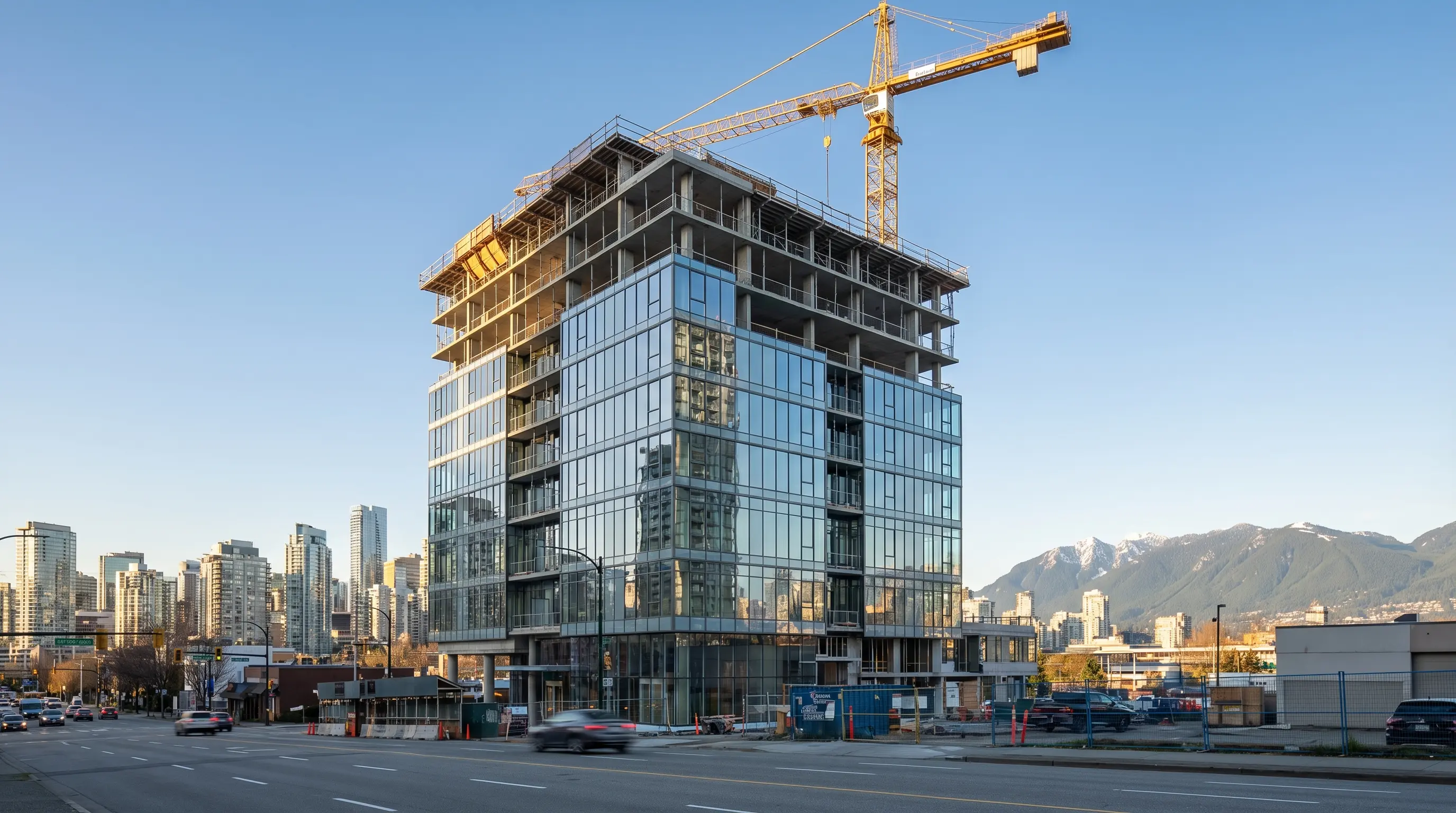 Modern Vancouver condo tower under construction with glass facade and construction crane against blue sky and North Shore mountains