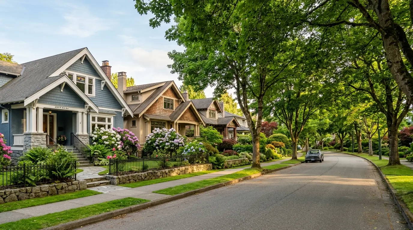 A quiet tree-lined west-side Vancouver residential street of character craftsman houses with mature trees and front gardens on a clear afternoon
