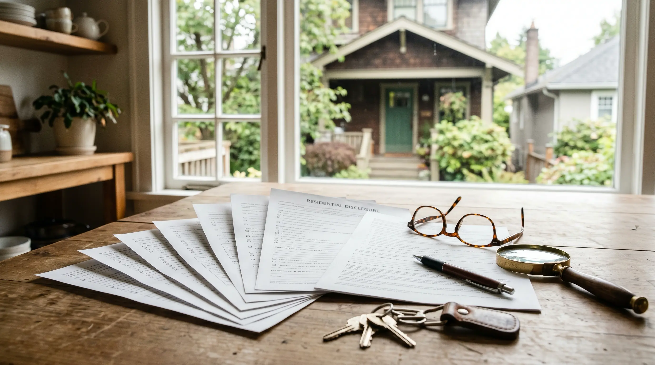 Multi-page residential disclosure form fanned out on a kitchen table with reading glasses, pen, magnifying glass and house keys, a Vancouver craftsman home visible through the window