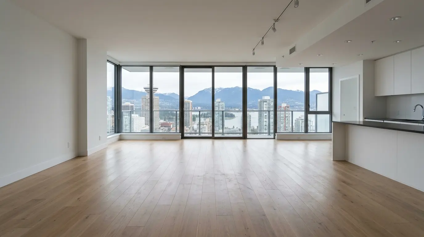 Empty modern Vancouver high-rise condo interior with no furniture, floor-to-ceiling windows, and a view of the city skyline and North Shore mountains