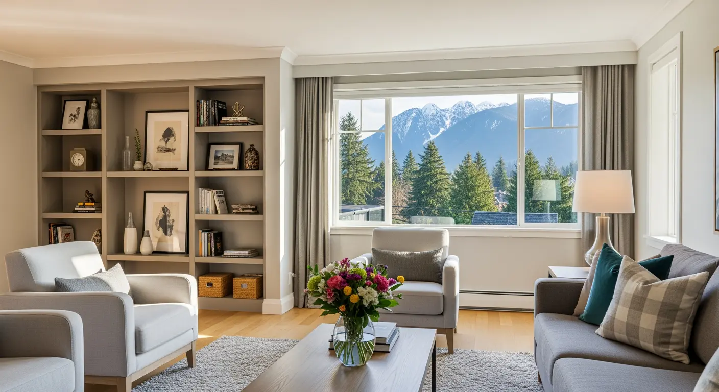 Bright Vancouver craftsman home interior with white shaker kitchen, quartz countertops, and large windows