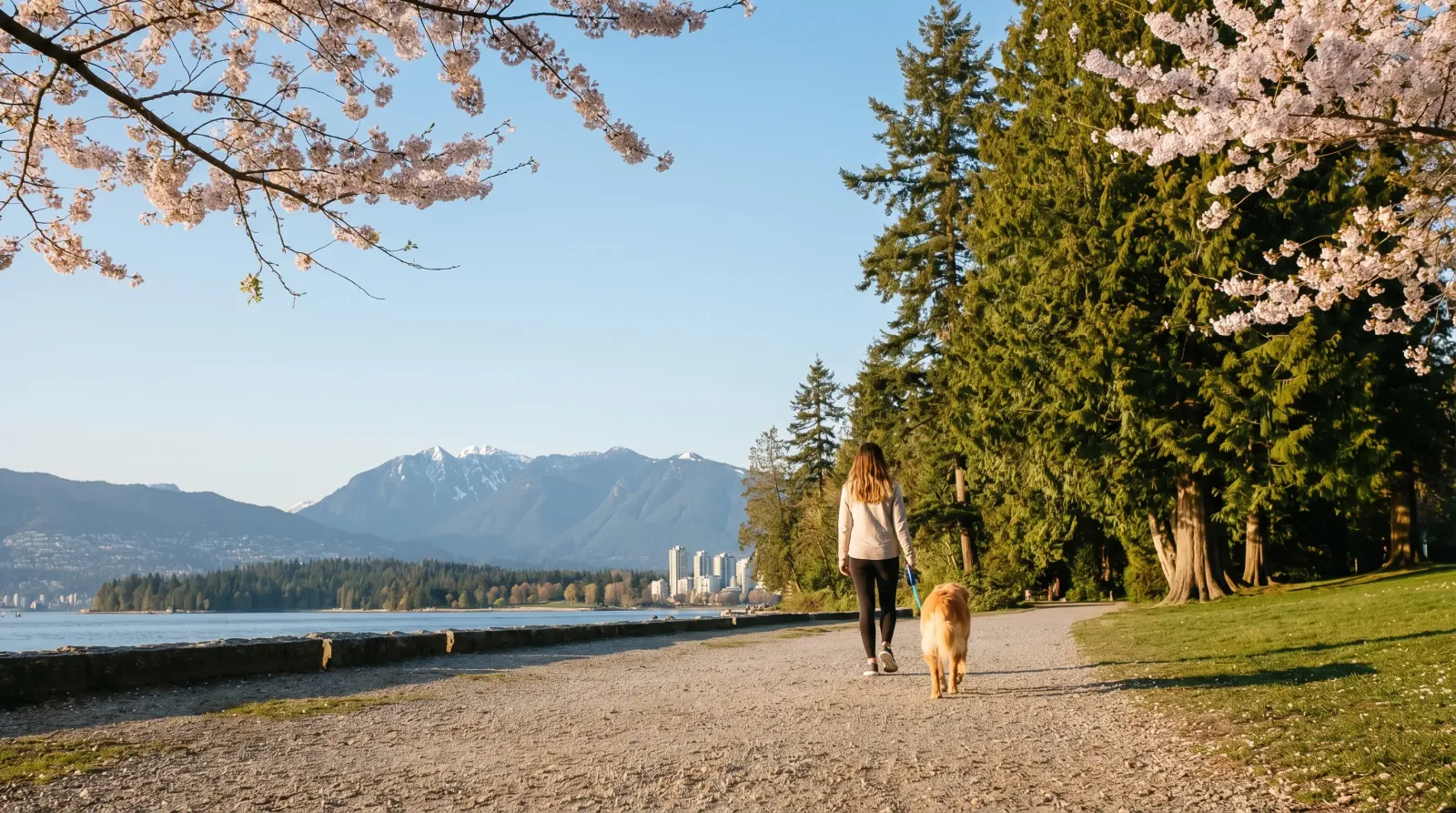 Person walking a golden retriever along the Vancouver seawall on a sunny spring day with cherry blossoms and North Shore mountains in the background