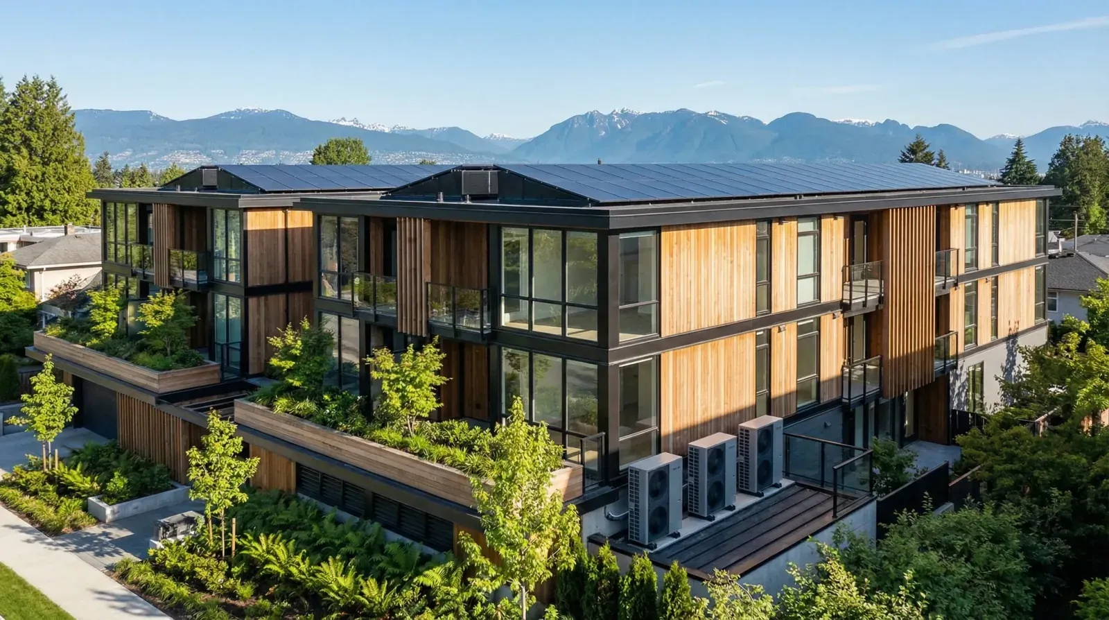 Modern energy-efficient multiplex with solar panels and heat pumps in Vancouver