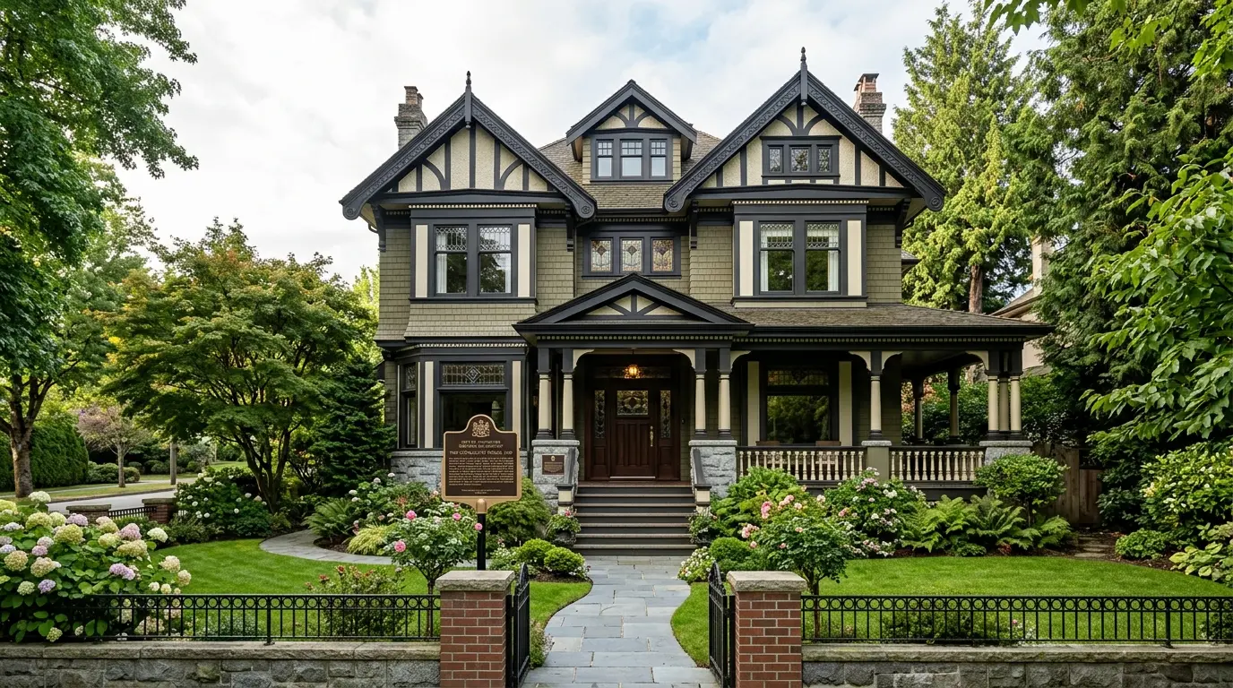 A restored early-1900s heritage house in Vancouver's West End with original wood trim, a covered porch, and mature street trees