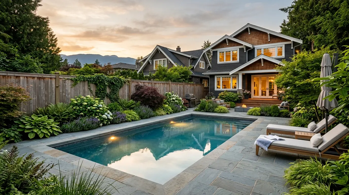 A backyard in-ground swimming pool at a West Side Vancouver home on an overcast day, surrounded by cedar fencing and patio stone