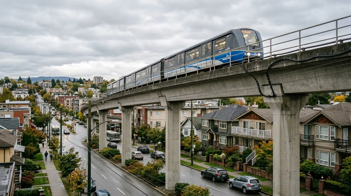 A SkyTrain crossing an elevated guideway above a Vancouver residential street lined with low-rise condos at dusk