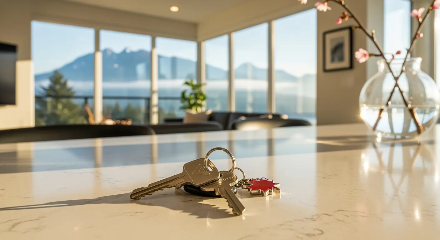 House keys resting on a modern countertop inside a bright Vancouver home with floor-to-ceiling windows and mountain views