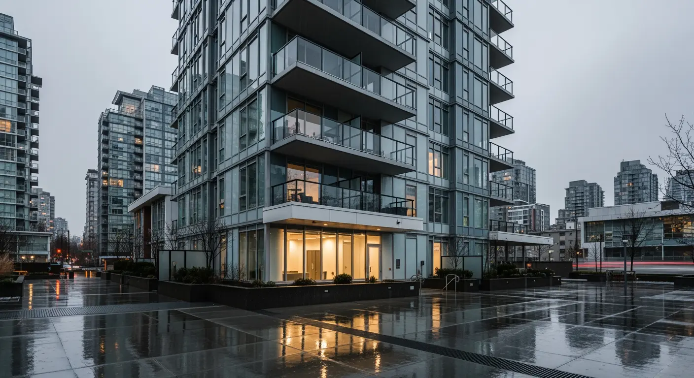 Modern Vancouver condo building exterior with glass balconies on an overcast rainy day