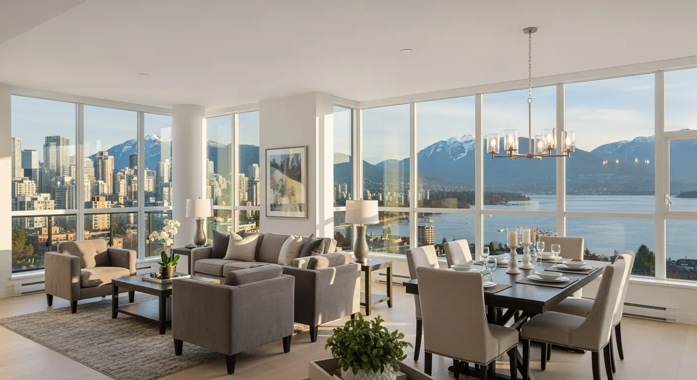 Bright modern Vancouver condo interior with panoramic city and mountain views and floor-to-ceiling windows