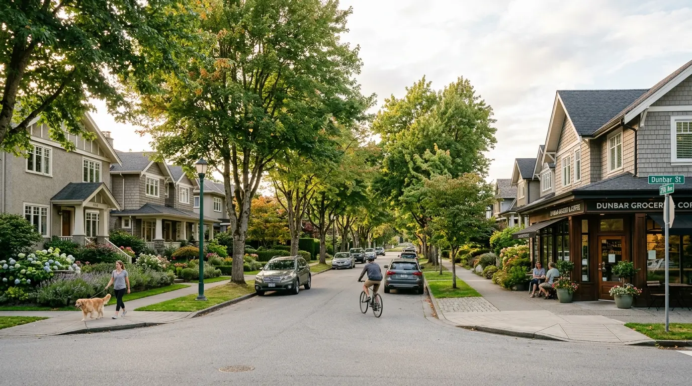 Tree-lined residential street in Dunbar, Vancouver with character homes and mature maples in summer