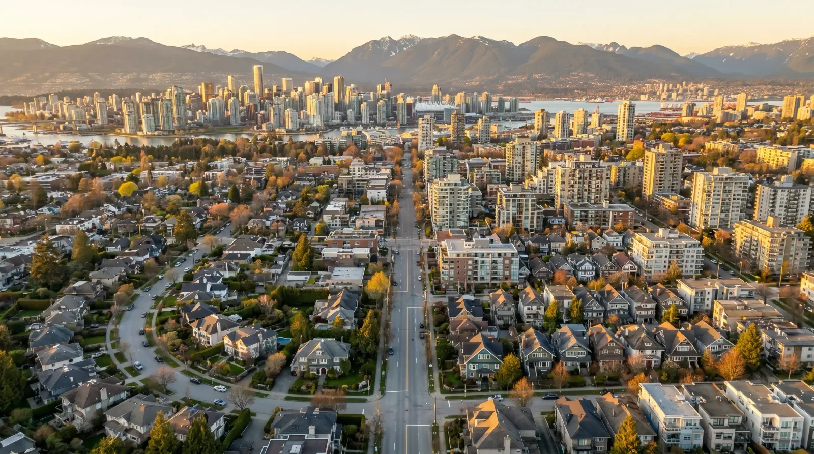 Aerial view of Vancouver showing the dividing line between east side and west side neighbourhoods with downtown skyline and North Shore mountains