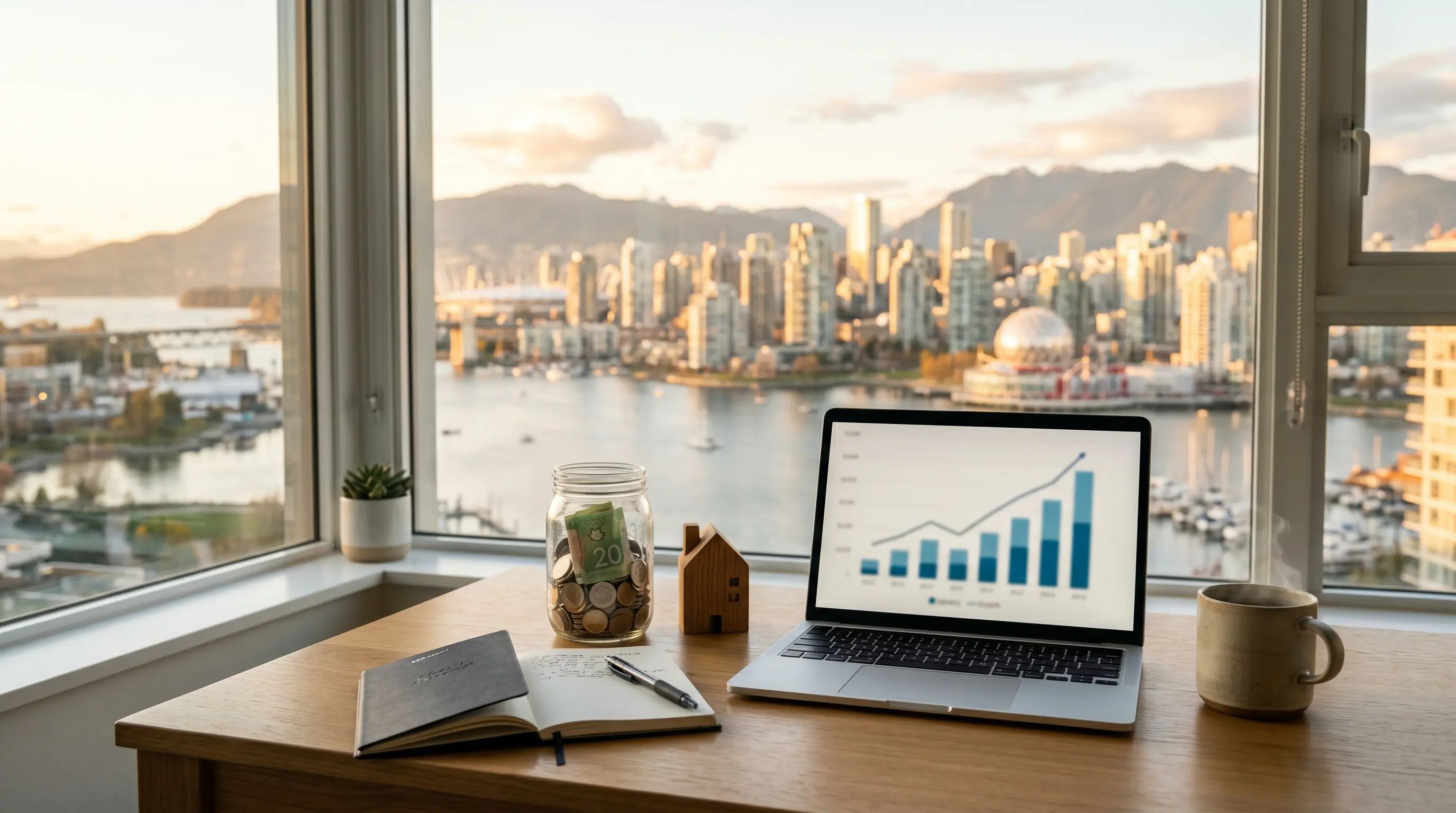 Desk with laptop showing a rising savings chart, jar of Canadian coins, model house and notebook, with Vancouver's False Creek skyline and mountains through the window