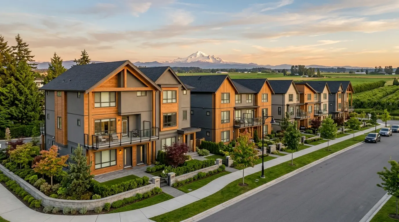 Row of modern new townhomes in a Fraser Valley suburb with farmland and the snow-capped peak of Mount Baker in the distance at golden hour