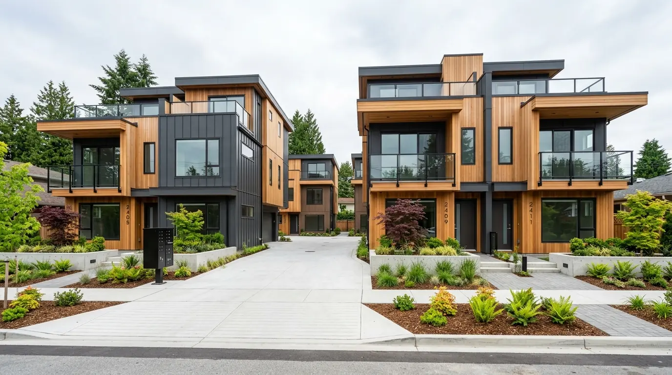 Newly completed Vancouver townhouse complex in contemporary West Coast style with wood-and-metal cladding and fresh landscaping, unoccupied