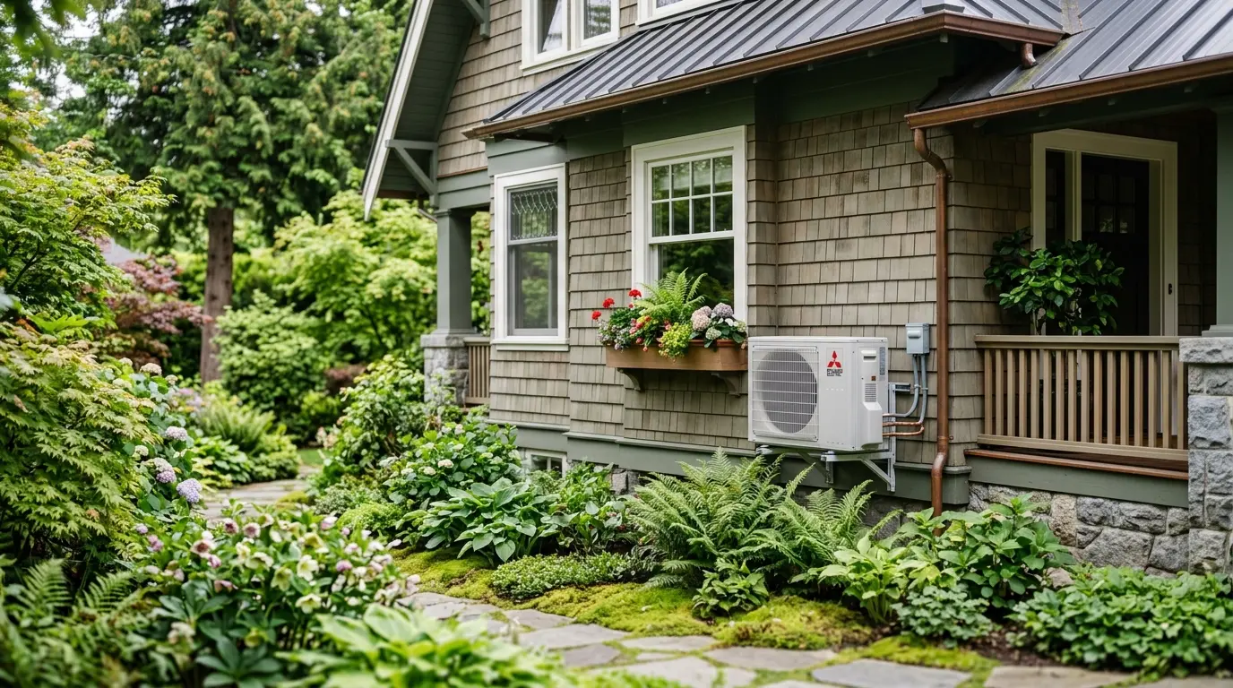 An air-source heat pump outdoor unit mounted beside a Vancouver house on a cool, overcast coastal morning