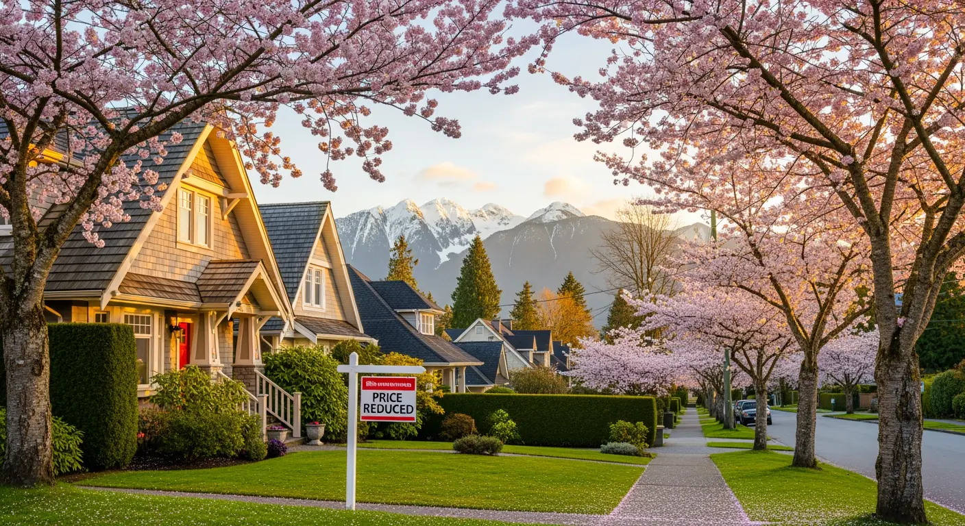 Vancouver craftsman home with price reduced sign on front lawn, cherry blossoms and North Shore mountains in background