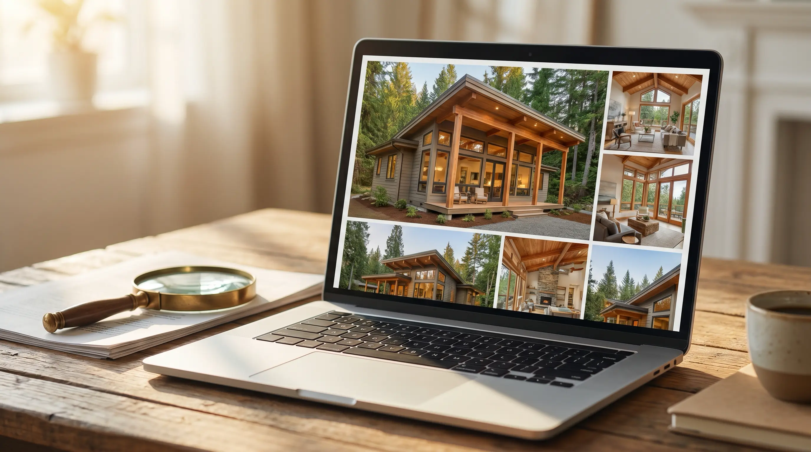 Laptop screen showing Vancouver real estate listing photos with magnifying glass and notepad on a wooden desk