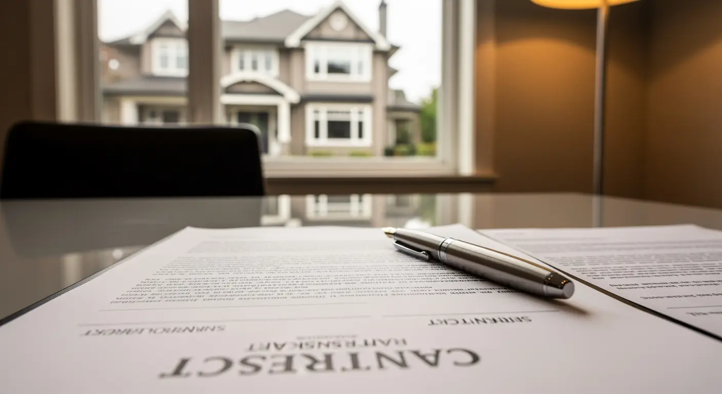 Real estate contract documents on a modern desk with a pen and Vancouver home visible through window