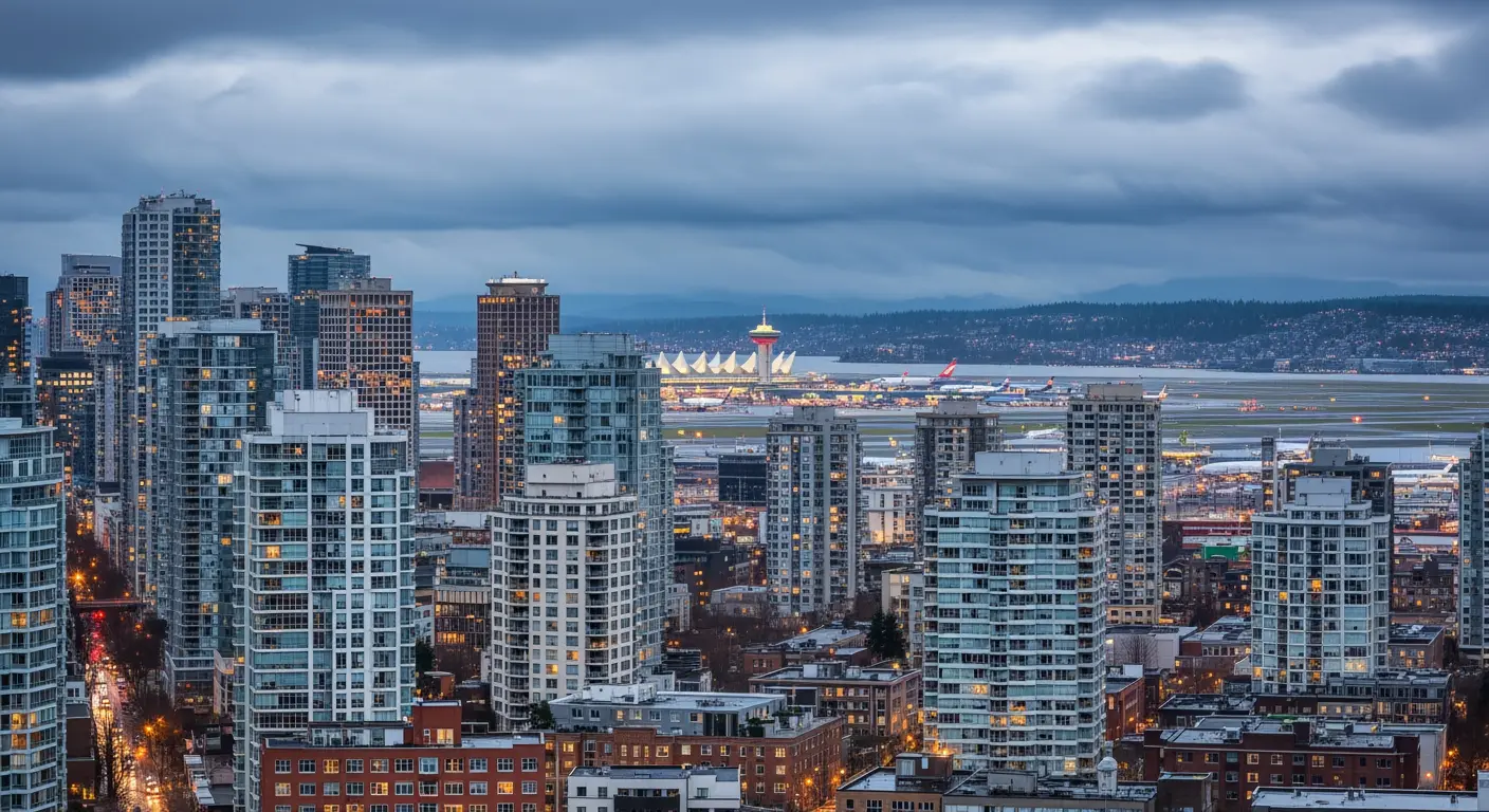 Aerial view of Metro Vancouver cityscape with residential towers and mountains in the background during spring