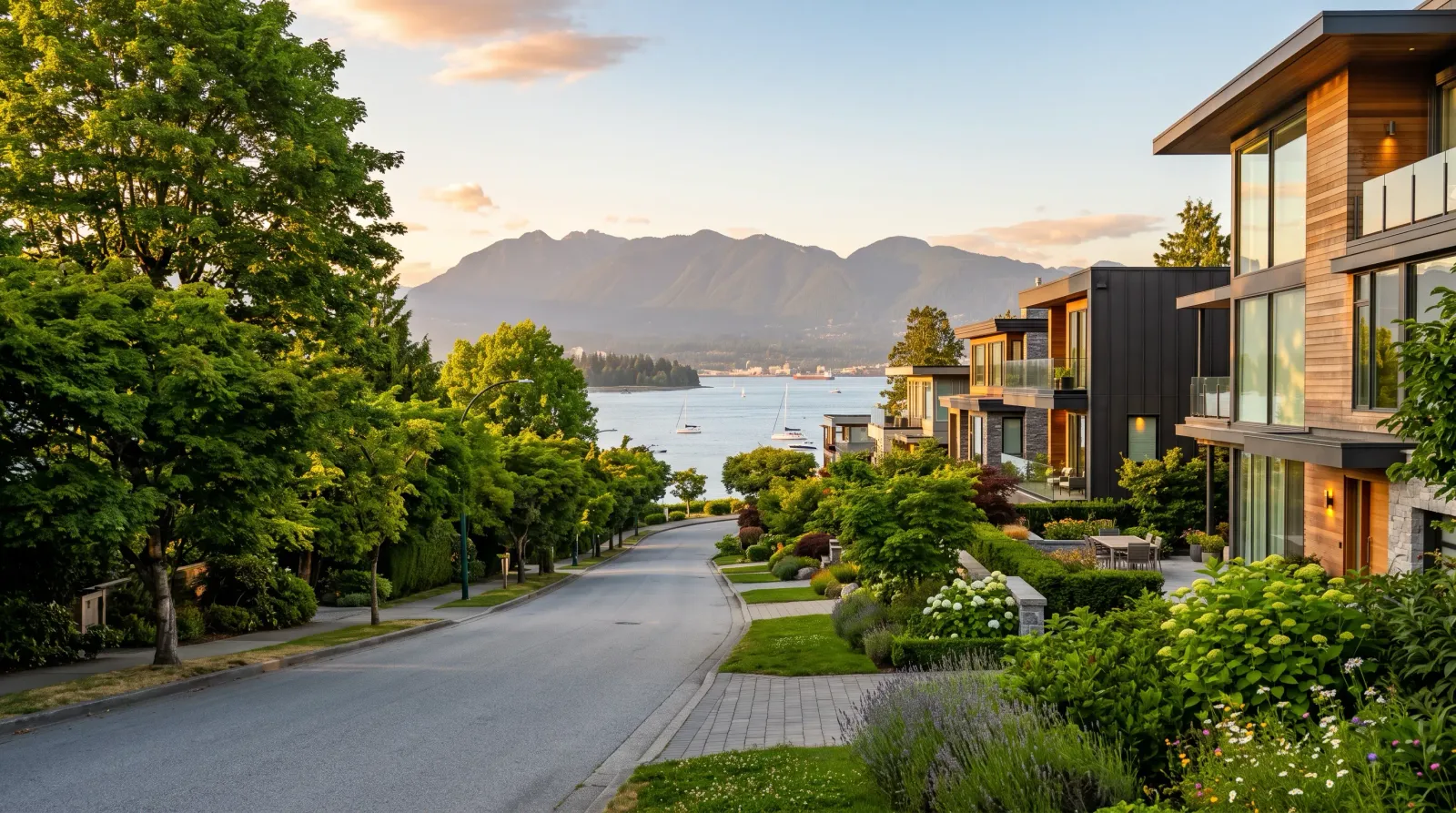 A Vancouver west-side waterfront street at summer golden hour with English Bay sailboats and the North Shore mountains in soft background haze