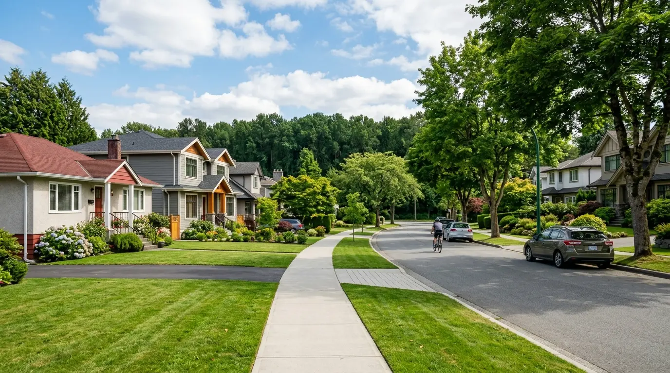 Quiet residential street in Killarney, southeast Vancouver with post-war bungalows, large lots, and mature trees on a summer afternoon