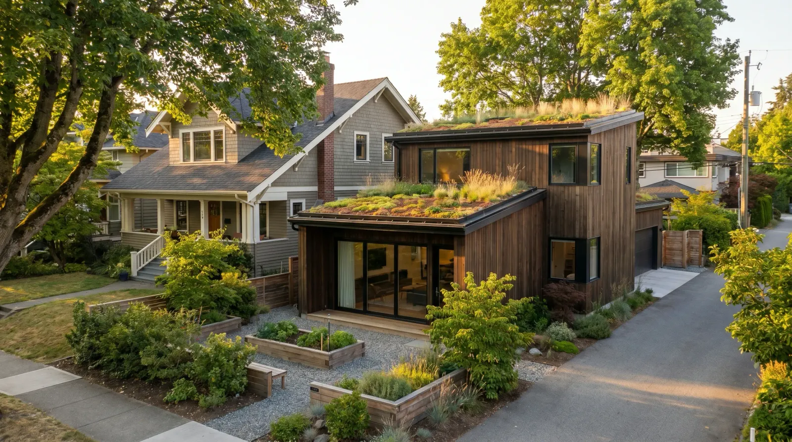 Modern Vancouver laneway house with cedar cladding and green roof behind a heritage craftsman main residence in Kitsilano