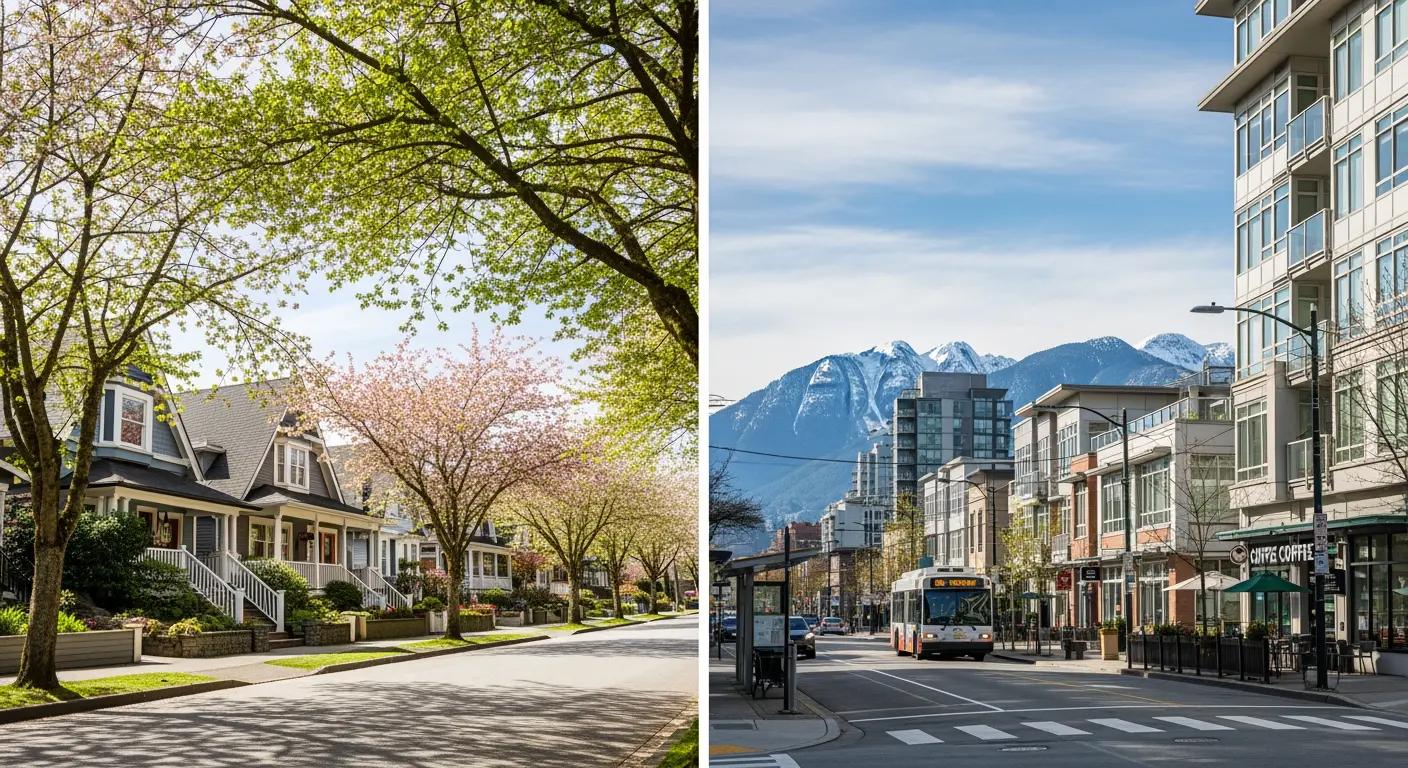 Street-level view of Vancouver residential neighbourhoods with craftsman homes and low-rise condos against North Shore mountains