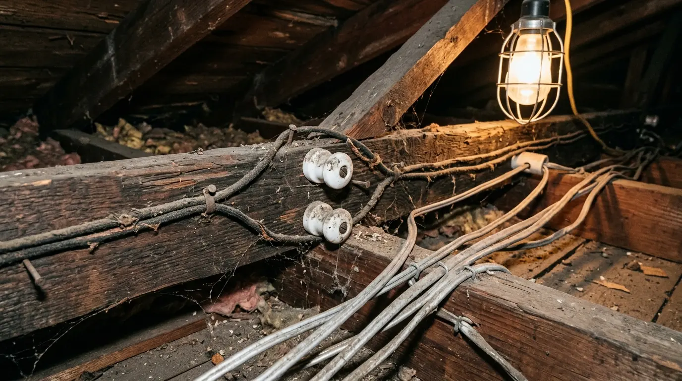 Open electrical panel and old fabric-wrapped wiring in the basement of a character Vancouver home
