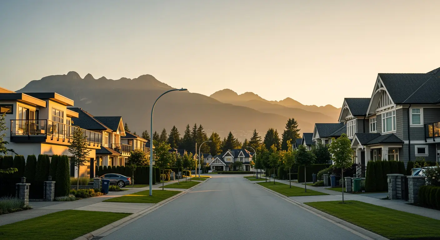 Vancouver West Side residential street at golden hour with North Shore mountains in background