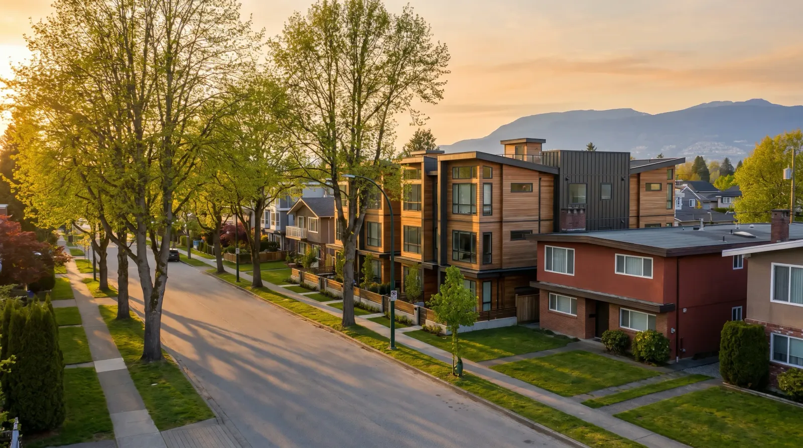 Marpole Vancouver residential street at golden hour with newer multiplex buildings, classic Vancouver Specials, and North Shore mountains in background