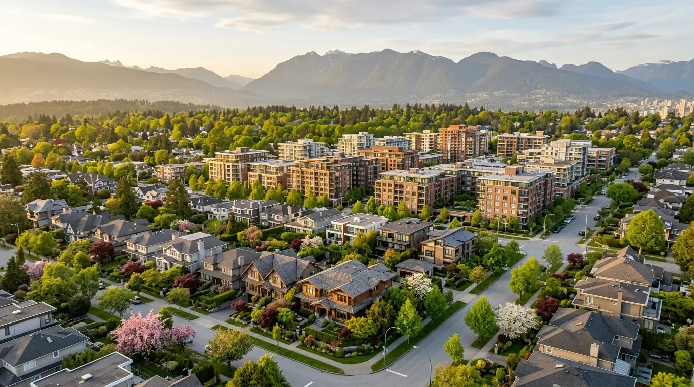 Aerial view of a Vancouver west-side neighbourhood where detached houses give way to condo apartment buildings, spring blossoms and North Shore mountains in soft background haze