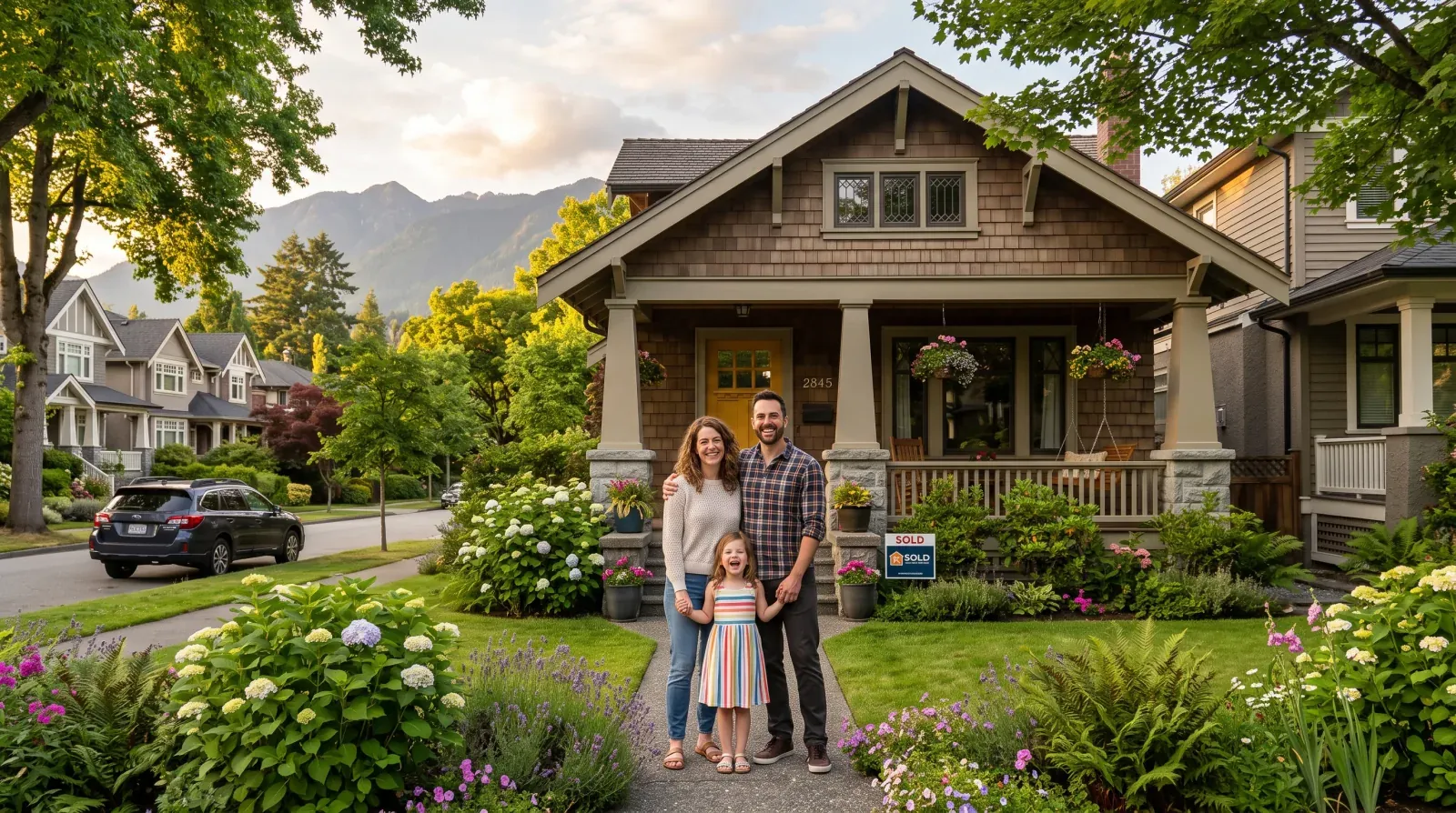 Tree-lined Vancouver residential street with craftsman and modern townhouses, North Shore mountains visible in the background, golden hour light
