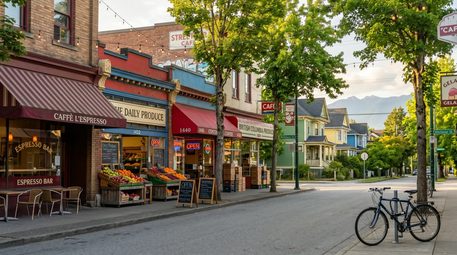 Commercial Drive in East Vancouver with colourful storefronts, an espresso bar, a produce market, and Victorian character houses on a leafy side street