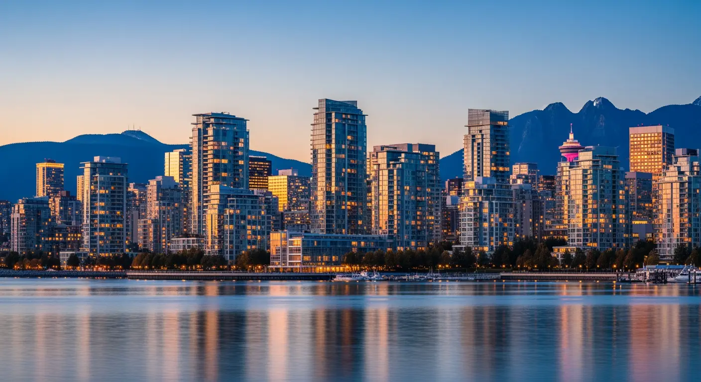 Downtown Vancouver skyline at dusk with high-rise residential towers and the North Shore mountains in the background