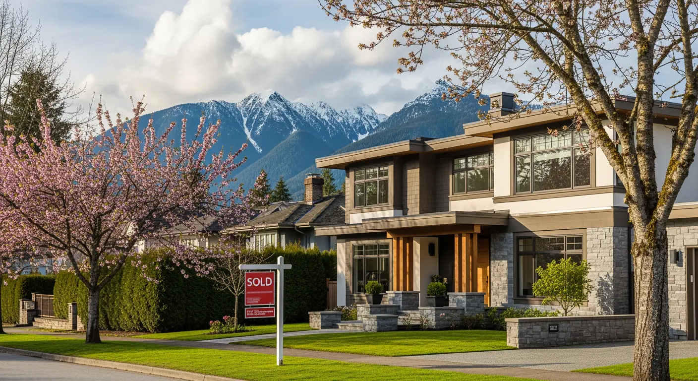 Modern Vancouver home exterior on a tree-lined residential street with North Shore mountains in the background