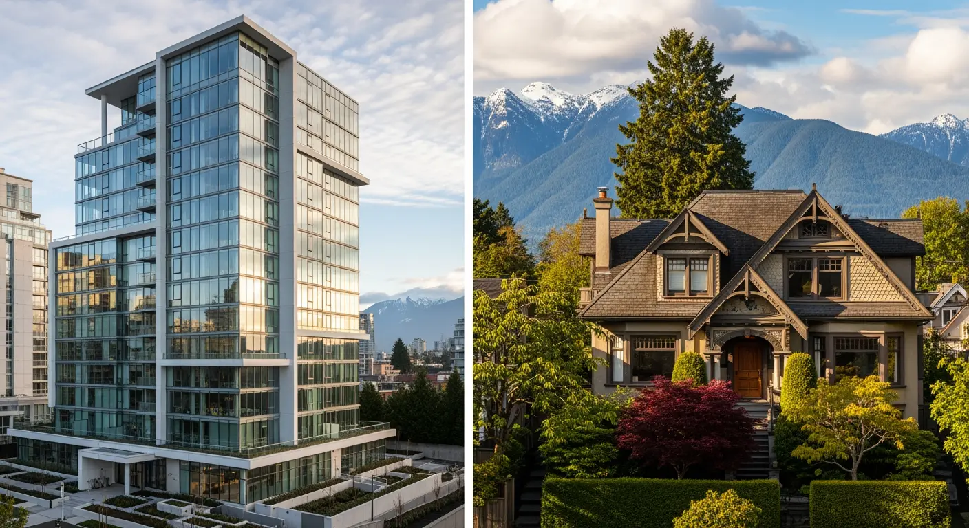 Split view of a modern new glass condo building next to a classic character Vancouver home with mature landscaping and North Shore mountains in the background