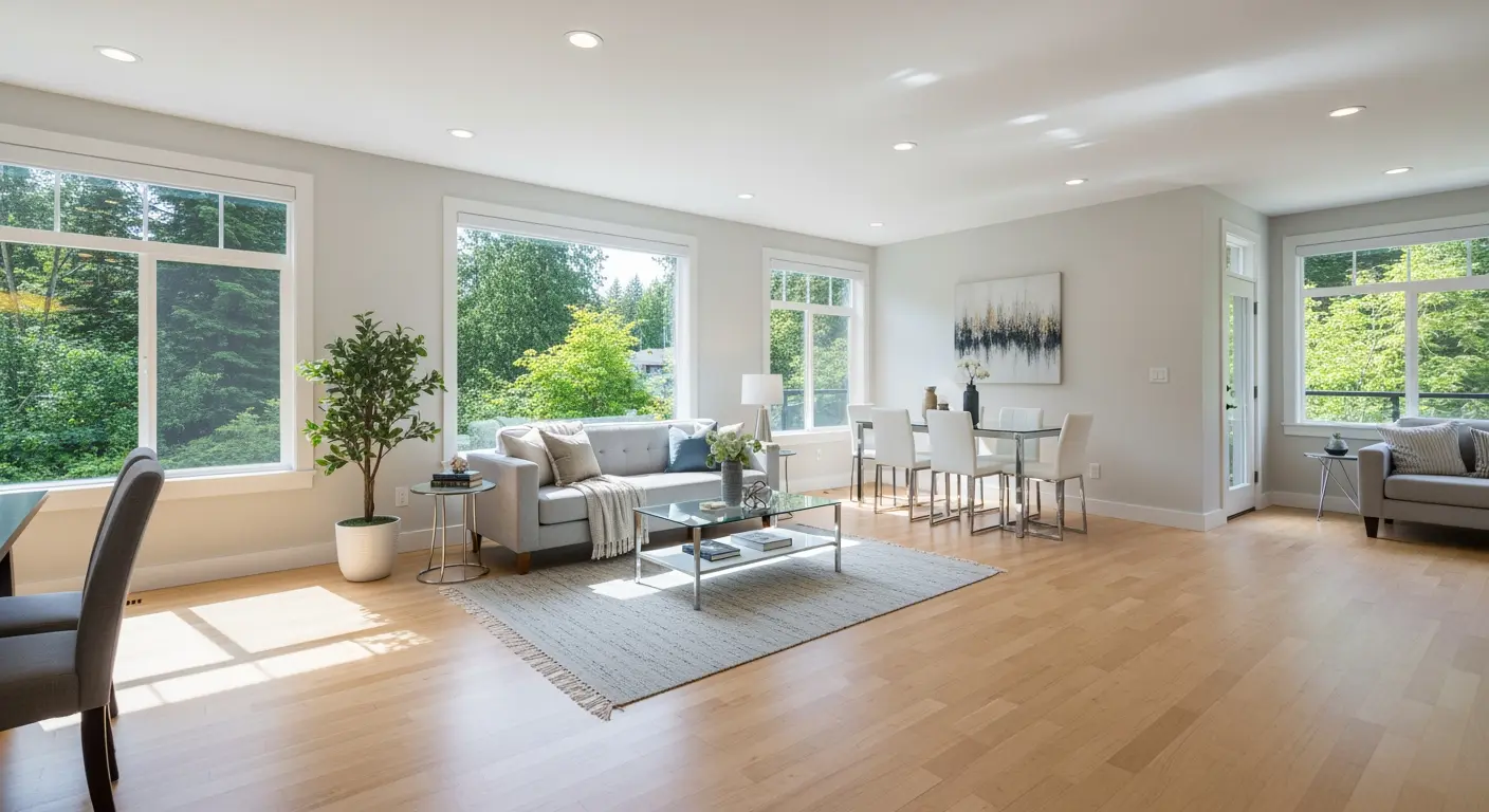 Bright and airy Vancouver home interior during an open house showing modern open concept living space with hardwood floors and large windows