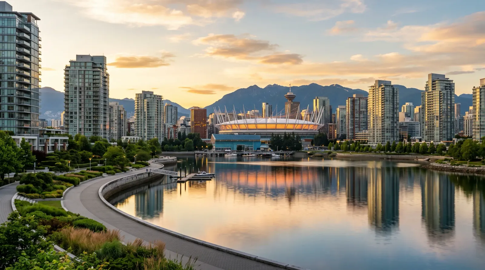 Vancouver False Creek waterfront with BC Place stadium and downtown skyline at golden hour summer 2026