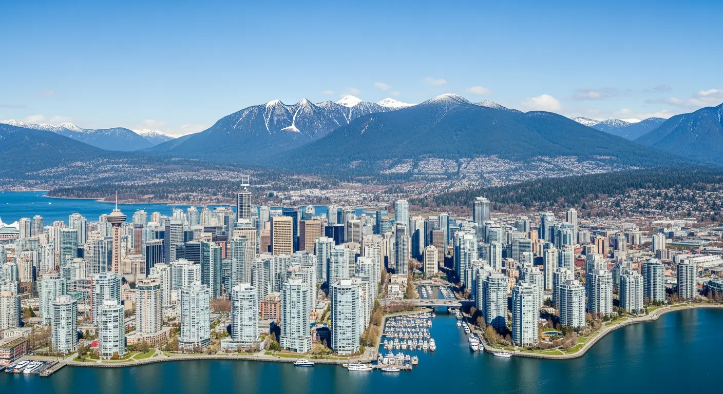 Panoramic aerial view of Vancouver downtown skyline with False Creek and North Shore mountains