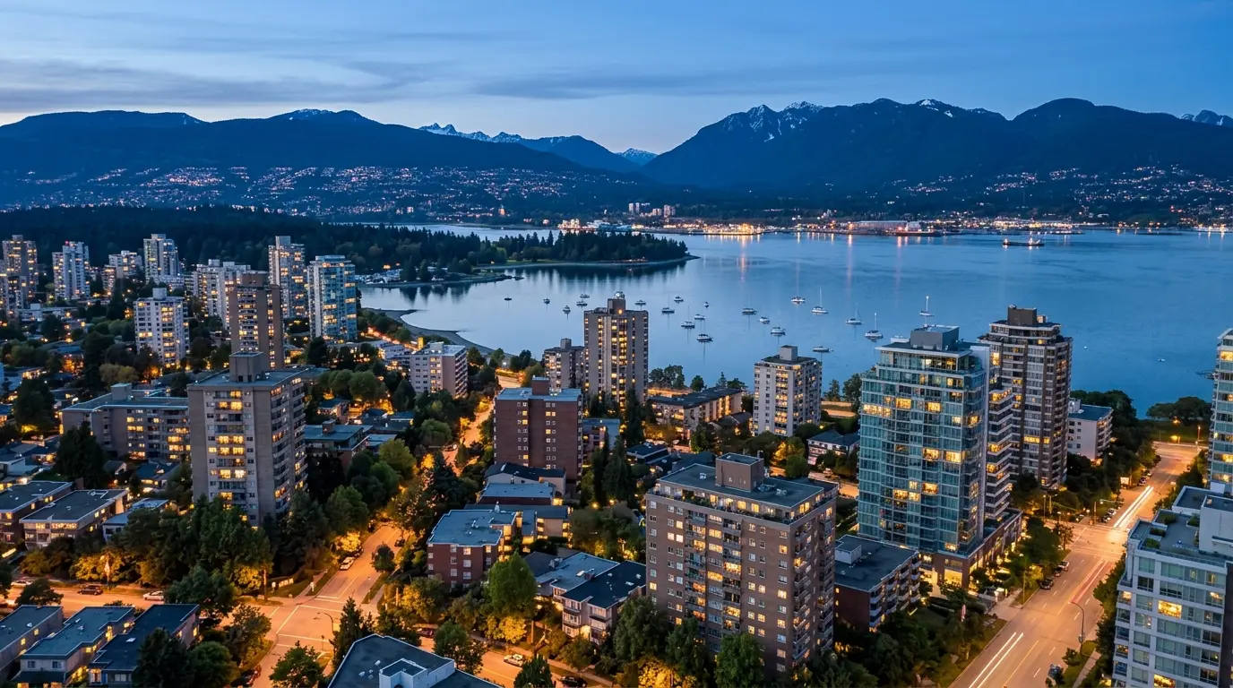 Vancouver's West End at dusk, a mix of older rental apartment towers and newer glass condos with lit windows, English Bay and the North Shore mountains behind