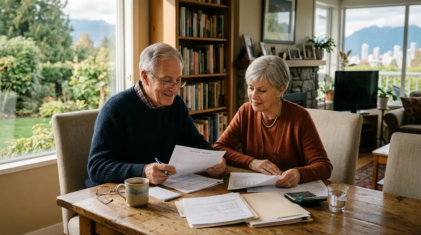 An older couple sitting at a kitchen table in an East Vancouver home reviewing mortgage and home equity paperwork together