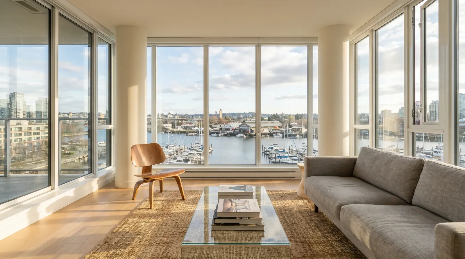 Bright modern Vancouver condo living room with floor-to-ceiling windows looking onto False Creek and Granville Island marina