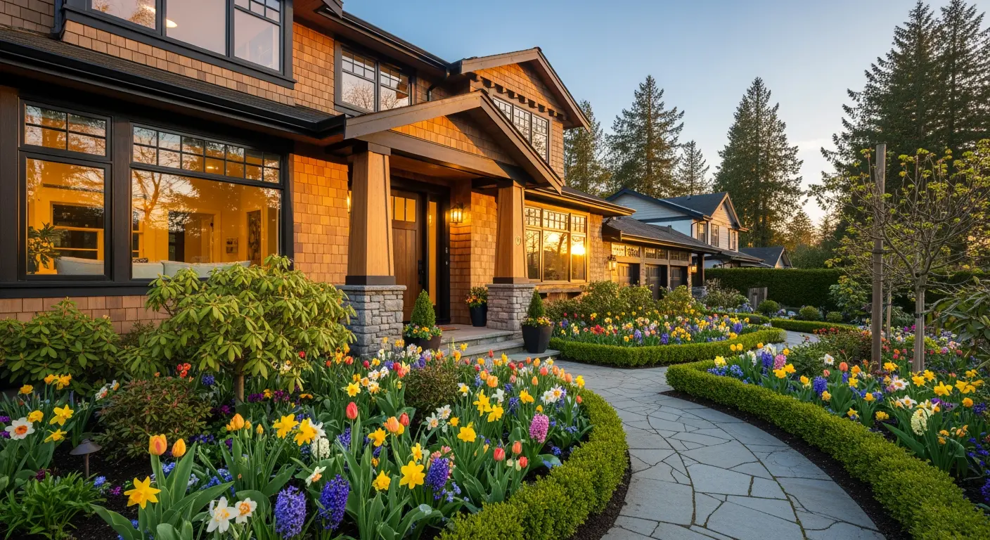 Beautifully staged Vancouver craftsman home exterior at golden hour with spring flowers and warm porch lighting