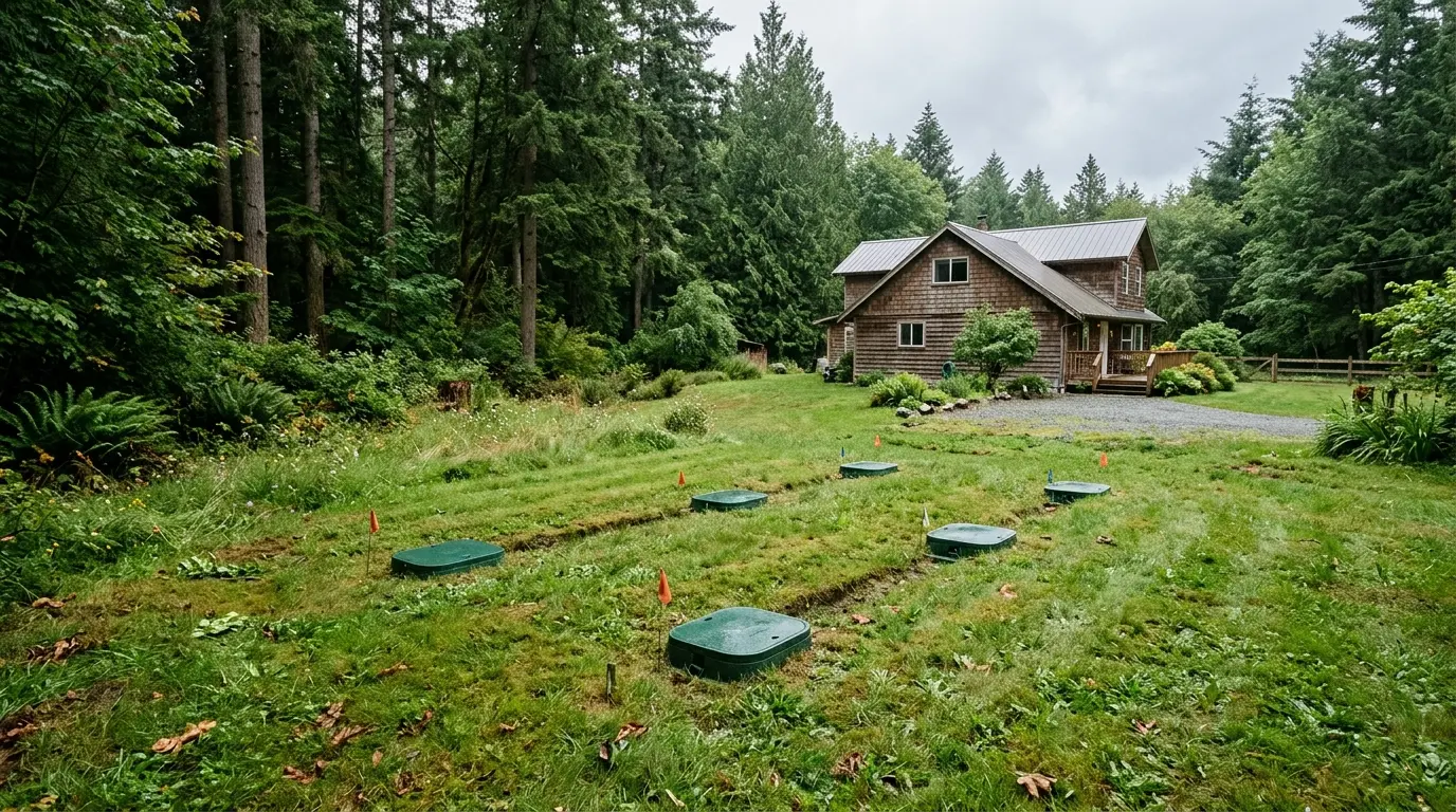 A wooded acreage property on the edge of Metro Vancouver with a grassed septic field area in the foreground and a house set back among the trees