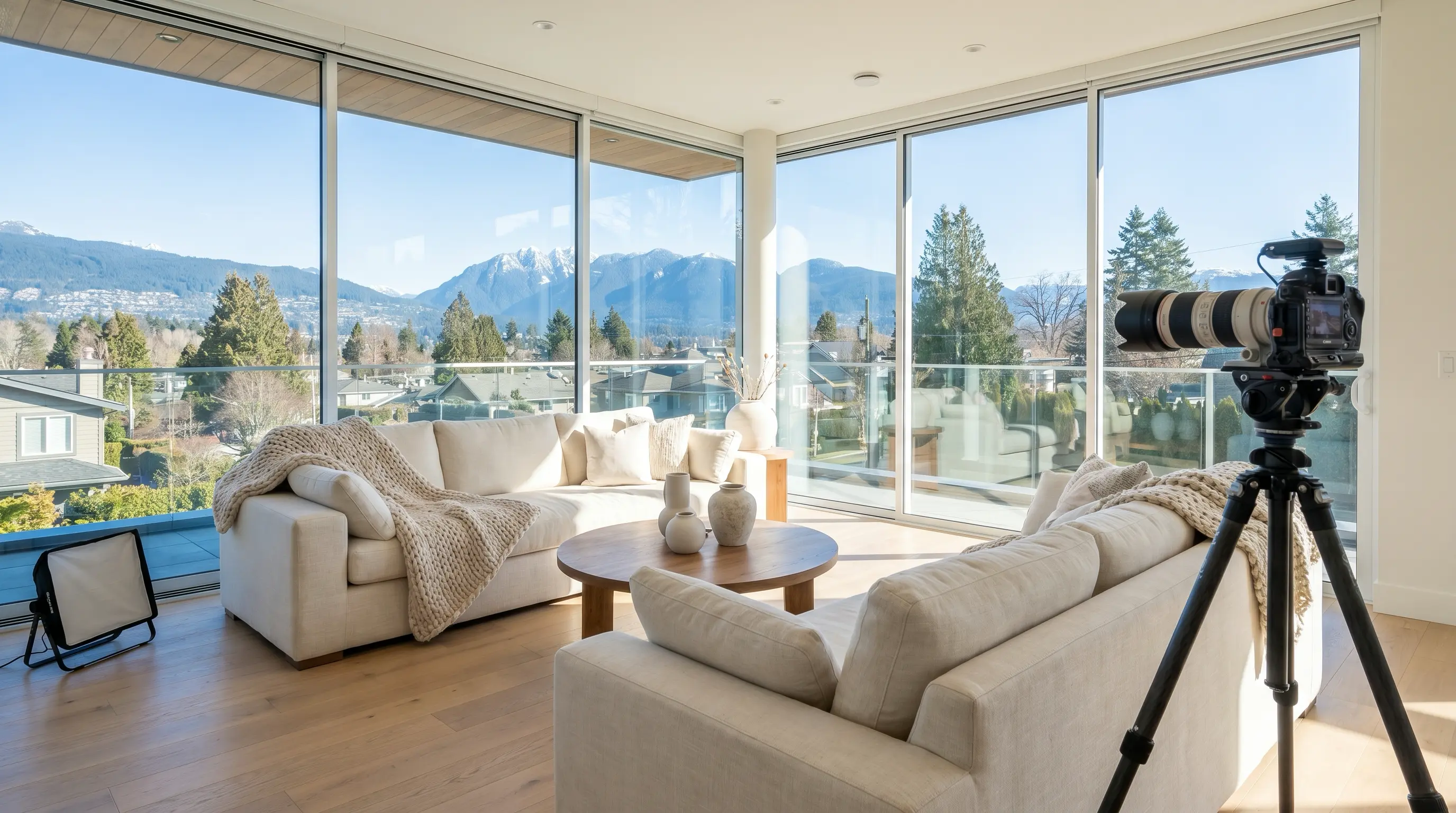Beautifully staged Vancouver West Side living room with North Shore mountain view through floor-to-ceiling windows and a photographer's tripod and camera in the foreground