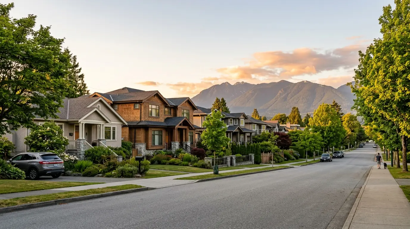 Wide residential street in Sunset, South Vancouver with large-lot family homes and mountains in the distance on a clear afternoon