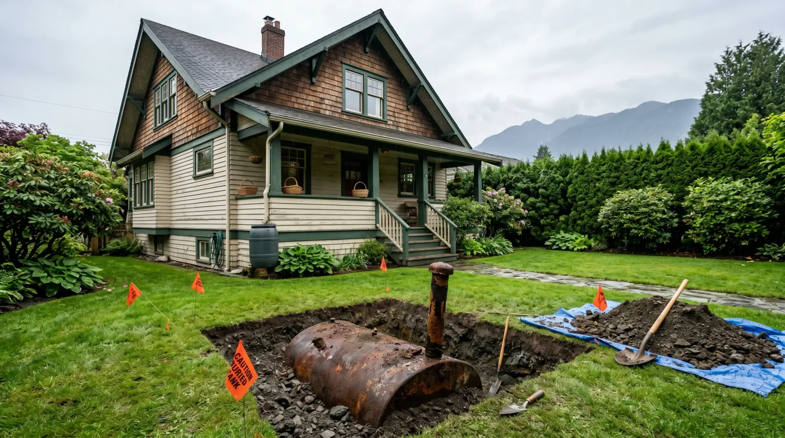 Rusted underground heating-oil tank exposed in an excavation pit in the backyard of a 1940s Vancouver craftsman home, with caution flags and soil piled on a tarp