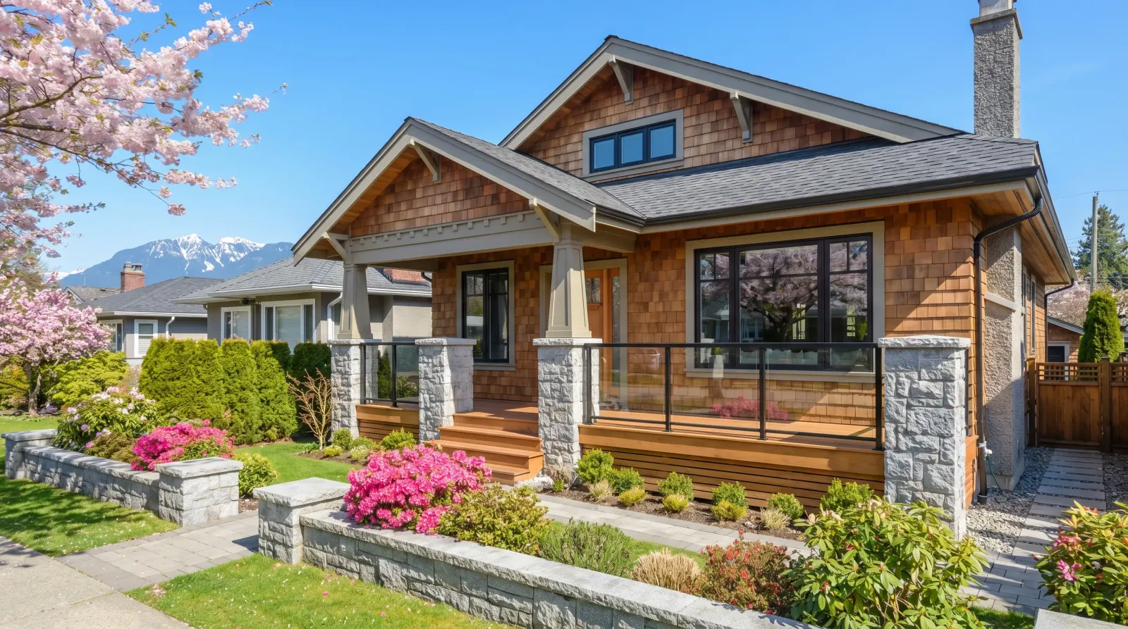 Charming Vancouver heritage craftsman home with spring garden and North Shore mountains in the background